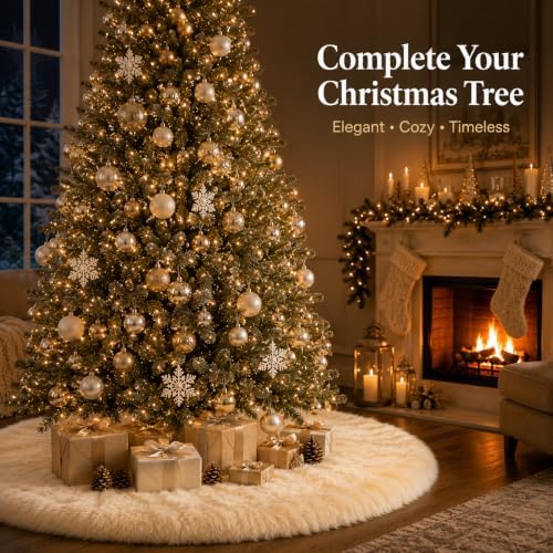 AISENO 30 Inch Christmas Tree Skirt - Beige Faux Fur Plush Holiday Decor for Xmas Tree, Festive Party, Home Decorations