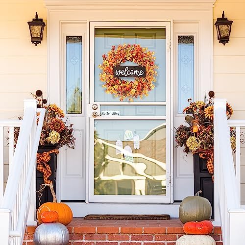 Sggvecsy Fall Wreath 20'' Autumn Front Door Wreath with Pumpkin Berry Round Leaves Fall Decorations for Outside Indoor Wall Window Festival Thanksgiving Harvest Fall Autumn Decor(Yellow)