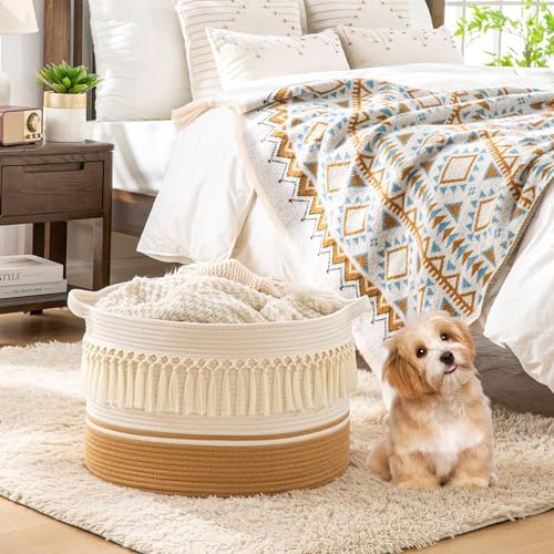 KAKAMAY Large Blanket Basket (20"x13"),Woven Baskets for storage Baby Laundry Hamper, Cotton Rope Blanket Basket for