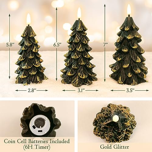 Green Christmas Tree Shaped Flickering Flameless LED Candles with Timer, Real Wax Battery Operated, Set of 3