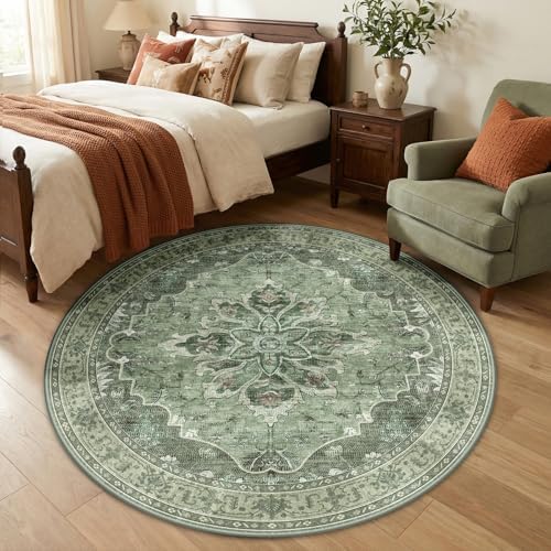 RELEANY Washable Area Rug, Round 5ft, Green/Dark Green/Gray