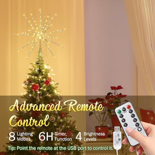 15-Inch Starburst Christmas Star Tree Topper with 150 LEDs & Remote, Gold