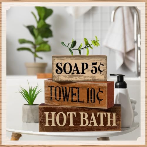 Moucuny 4 Pcs Rustic Bathroom Shelf Decor Wooden Block Signs, Farmhouse