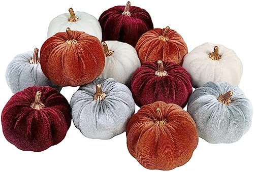 Winlyn 12 Pcs Assorted Small Faux Rustic Velvet Pumpkins Decorative Fabric Foam Pumpkins in Burgundy Bronze Gray White 3" for Fall Wedding Halloween Thanksgiving Table Centerpiece Décor