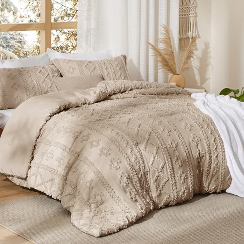 Bedsure Tufted Boho Comforter Set California King Size - Light Brown Boho Bed Set, GentleSoft™ 3 Pieces Farmhouse-Style