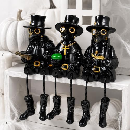 Exasinine 3 Pcs Halloween Plague Doctor Figurines with Dangling Legs Resin Gothic Crow Shelf Sitting Statues for Halloween Table Fireplace Indoor Gothic Home Decor Ornaments