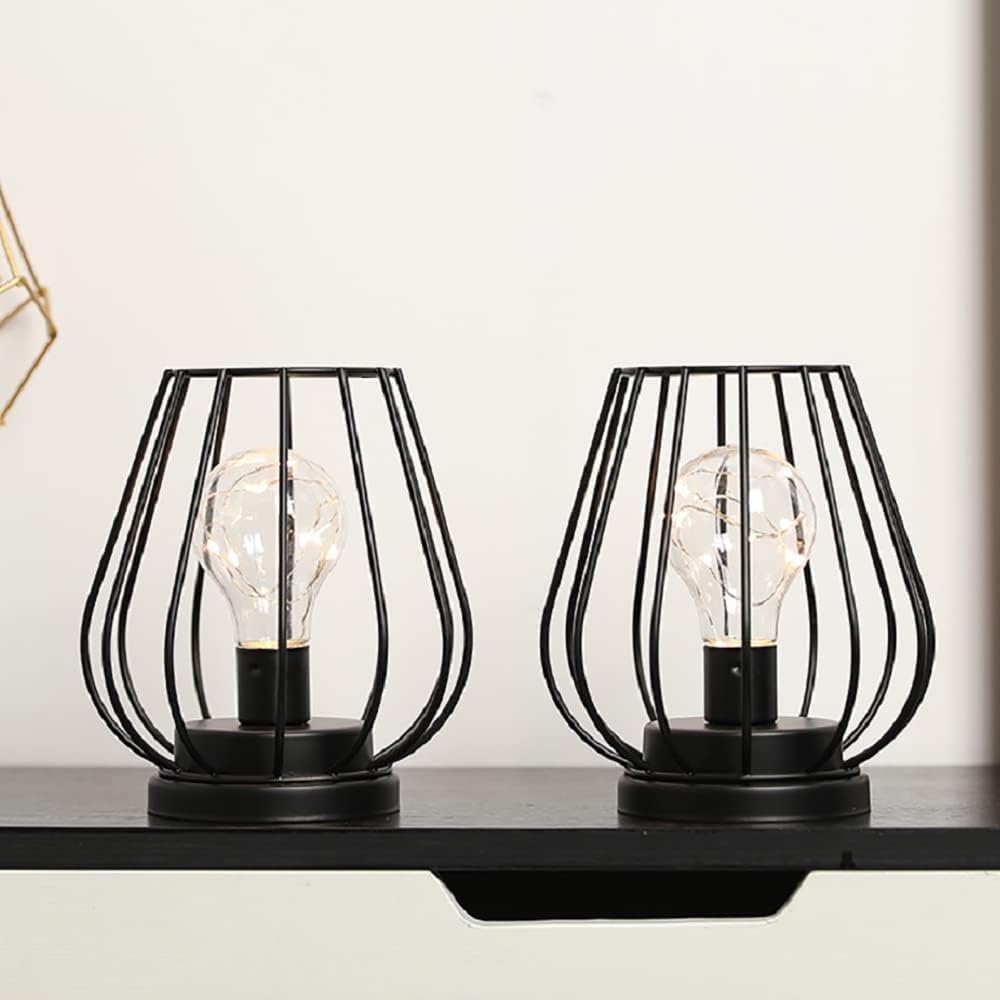 TRIROCKS Set of 2 Metal Battery Operated Lamp 7'' Tall mini Cage Shape Cordless Table Lamp Battery Lanterns with Warm