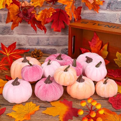 Whaline 12Pcs Fall Artificial Pumpkins Blush Coral Pink Peach Pink Fake Velvet Pumpkins 3 Sizes Autumn Foam Pumpkin Table Centerpiece for Fall Baby Shower Thanksgiving Halloween Party Decoration