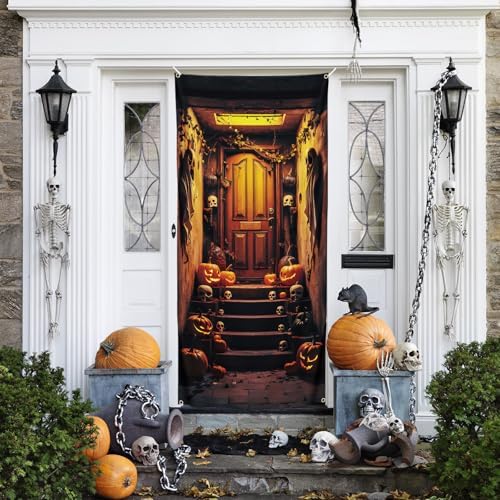 Halloween Decorations, Halloween Door Banner, Basement Stair Door Cover, Spooky Doorway Midnight Backdrop Banner Decorations, Large Fabric Background for Holiday Party 185 x 90 cm