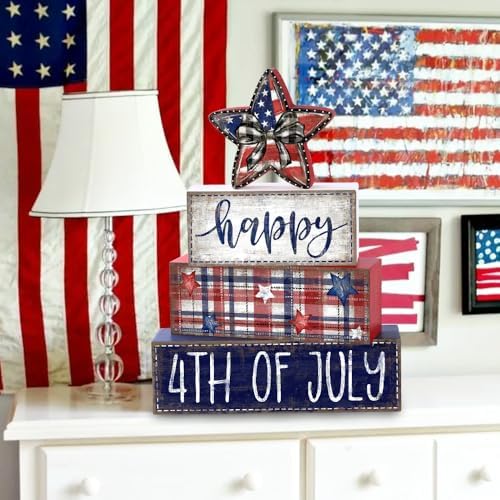 DIYDEC 4Pcs Memorial Day Table Decor 4th of July Patriotic Wood Signs Independence Tiered Tray Decor America Red Blue Centerpieces Signs for Farmhouse Holiday Tabletop Home Party Decoration