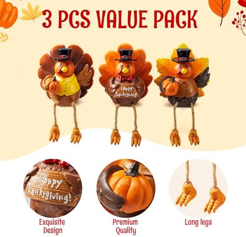 JOYIN 3 PCS Thanksgiving Turkey Tabletop Centerpiece, Resin Figurines for Fall Harvest, Autumn Home Decoration, Indoor Kitchen Decor & Party Supplies