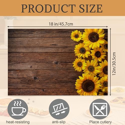 Sunflowers Wooden Placemats Set of 6,Washable Heat Resistant 12×18 Inch Linen Table Mats,Place Mats for Party Outdoor Dining Decor