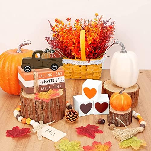 Thanksgiving Tiered Tray Decor - Fall Decorations for Home - 3 Double Sided Faux Book Stack 3 Love Wood Block 1 Pumpkin Truck - Farmhouse Rustic Wooden Table Sign for Autumn Thanksgiving Harvest