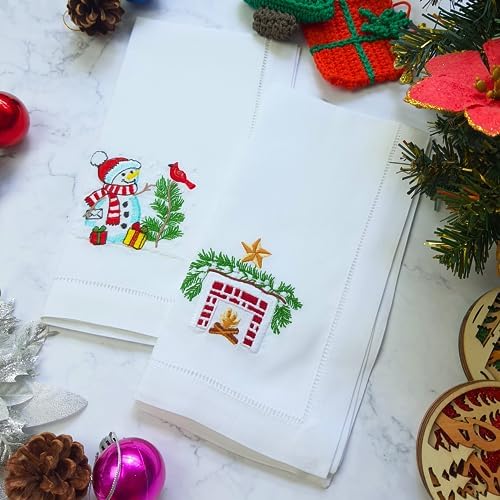 HCRAFT Embroidered Cotton Table Napkin, Cloth Napkins Set of 4 18"x18" Christmas Fireplace Napkin Square Fabric, Dining Room, Napkins Cloth Machine Washable, Christmas Napkins, Great Present Ideas