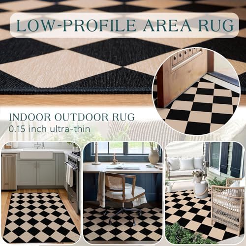 Black Tan Checkered Entry Rug - 3x5 Non-Slip Indoor Outdoor Rugs