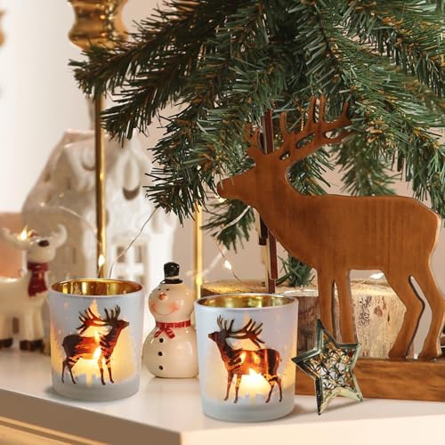 SHMILMH Christmas Votive Candle Holders Set of 4, Gold and Silver Glass Tealight Candle Holders for Xmas Table Centerpiece Decorations, Christmas Candle Jar for Candle Making