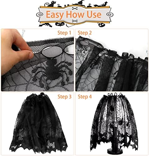 Lucleag 3Pcs Halloween Black Lace Spider Web Bat Lampshades Cover, 20x60 Inch Black Lace Lampshade Cover with Ribbon for Halloween Party Decorations Party Supplies Indoor Decor Supplies Gifts
