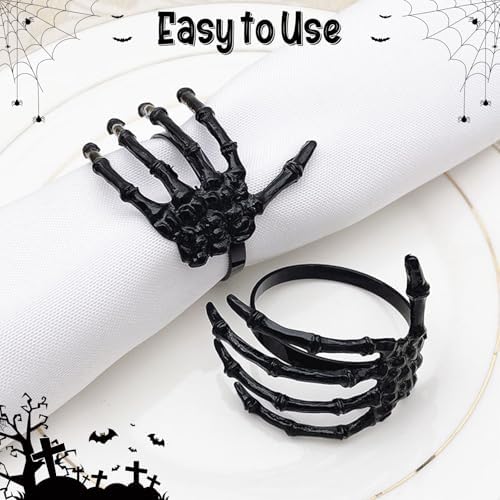 Halloween Napkin Rings Set of 6, Black Skeleton Hand Napkin Rings for Table Decoration, Halloween Party Dinner Table Decor