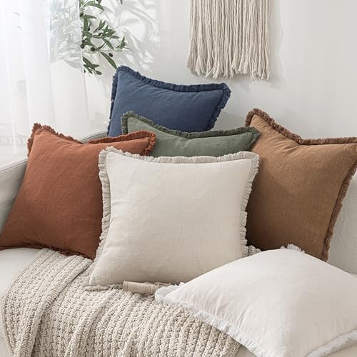 MIULEE Linen Fringe Decorative Fall Euro Throw Pillow Covers Brown 22x22