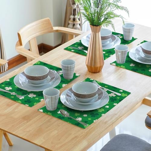 St Patrick's Day Placemats Set of 6 18x12 Inch Green Shamrock Irish Linen Place Mat Heat-Resistant Washable Wipeable Saint Patrick's Day Four Leaf Clover Table Mat for Party Kitchen Dining Home Decor