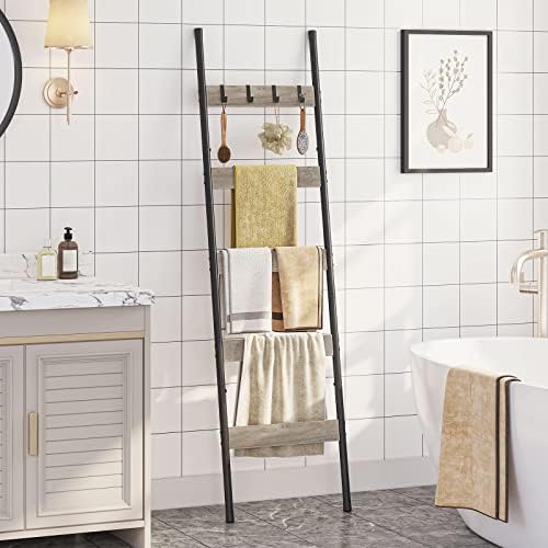 HOOBRO Blanket Ladder, 5-Tier Towel Rack with Hooks, Wall-Leaning Blanket Rack, Decorative Display Ladder Shelf