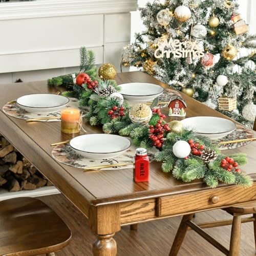 Artoid Mode Xmas Trees Holly Pine Cone Merry Christmas Round Placemats Set of 4, 14 Inch Winter Round Table Mats for Dining Decoration