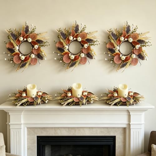 4 Pcs Fall Candle Rings 12 Inch Thanksgiving Autumn Pumpkins Wreaths