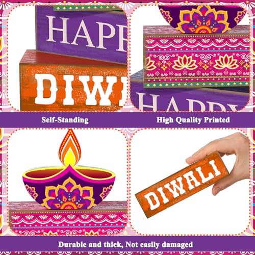 Lineshading 4 Pcs Wooden Diwali Tiered Tray Decor, Block Signs for Home