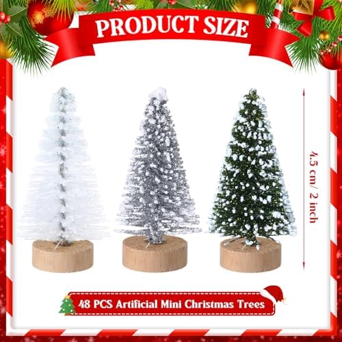 Sumind 48 Pcs 1.78 Inch Mini Bottle Brush Christmas Tree Green Silver White