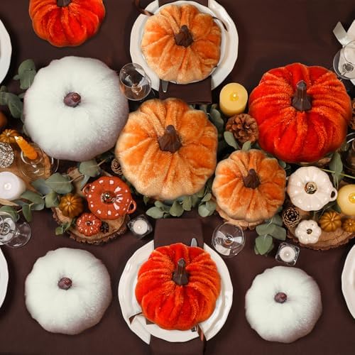Weysat 24 Pcs Assorted Pumpkins Velvet Fall Thanksgiving Decor, Rust Orange