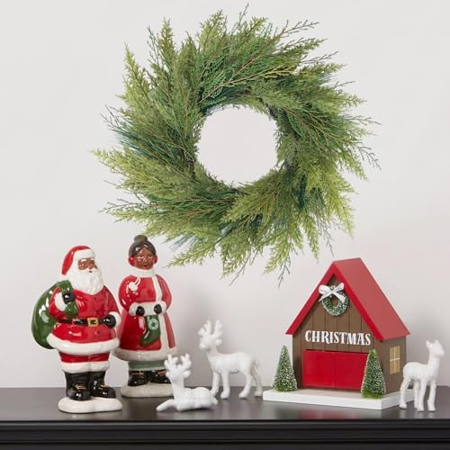 20” Green Faux Norfolk Pine Christmas Winter Wreath – Mixed with Real Touch Fake Cypress, Cedar & Spruce, Xmas Wreaths for Front Door Porch Mantel & Fireplace
