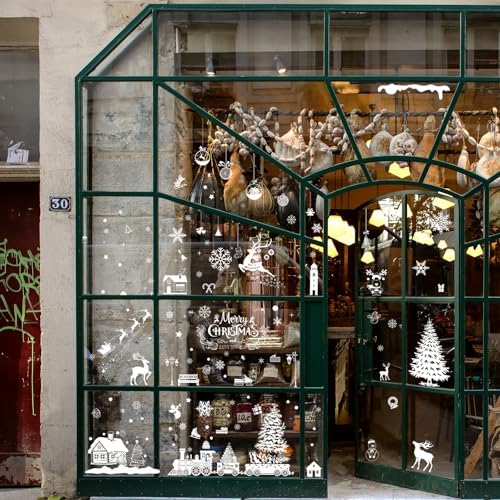 NEWMIAO Christmas Window Cling Stickers, 9 Sheets White Window Clings Reindeer Snowflake Santa Claus Christmas Tree Snowman Xmas Decals for Holiday Decorations Home Decor Party Supplies