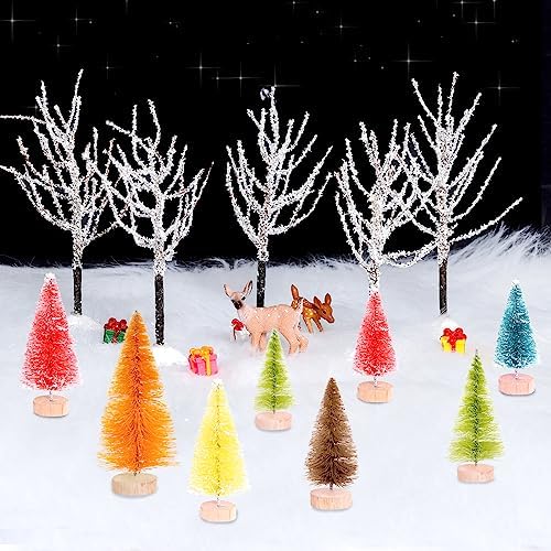 Yookat 51Pcs Mini Pine Trees Bottle Brush Trees Deer Boxes