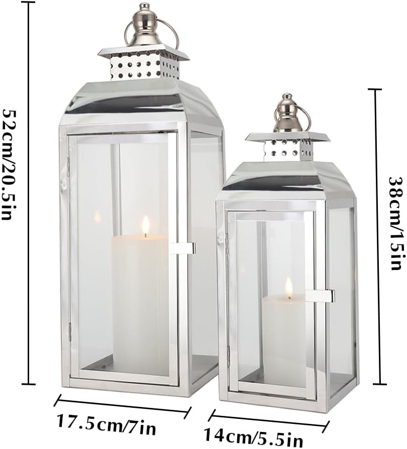 JHY DESIGN Set of 2 Stainless Steel Decorative Candle Lanterns 20.5"&15" High Metal Candle Lanterns for Indoor Outdoor