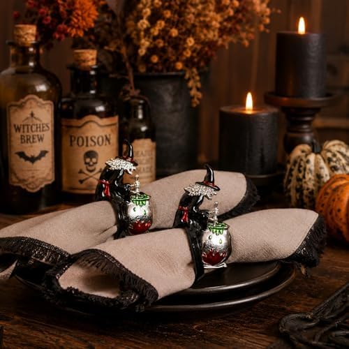 LUOZZY 4pcs Halloween Witch Napkin Rings Black Metal Holders for Party
