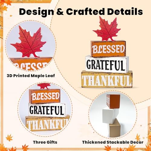 OLANRUN Thanksgiving Fall Decorations for Home, 4 PCS Wooden Fall Table Decor with Letter, Handmade Crafts Autumn Thanksgiving Decor Indoor for Office Farmhouse Home Bedroom Kitchen Mantel Tiered Tray