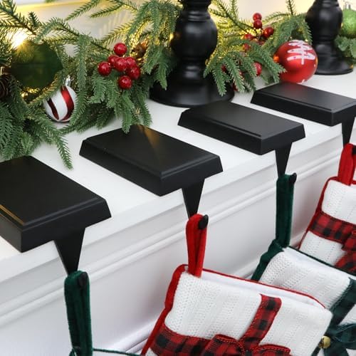 4-Pack Christmas Stocking Holders for Mantel, Weighted Metal Hooks, Black
