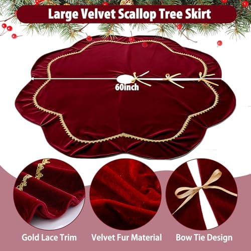 Arrowbash Red 60 Inch Christmas Tree Skirt Velvet Scallop Ddge