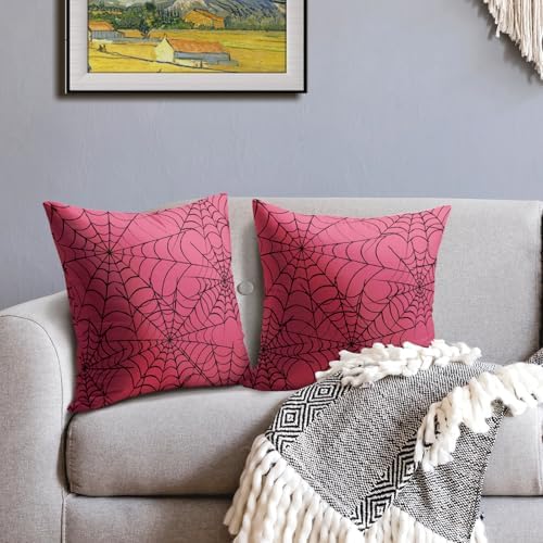 Pink Halloween Spiderweb Pillow Covers 16x16 Set of 2 Black Spider Web Outdoor Decorative Throw Pillows Halloween Scary Themed Farmhouse Pillowcases Linen Cushion Case Decor for Home Sofa Couch Bed