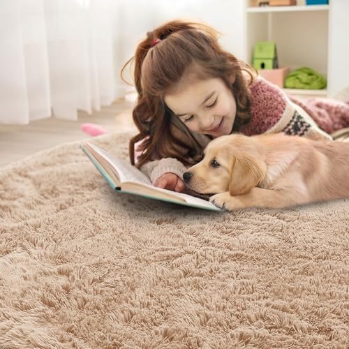 OLANLY Beige Round Rugs for Bedroom - Machine Washable, 4 ft Circle Area Rugs for Living Room, Soft and Fluffy Shaggy