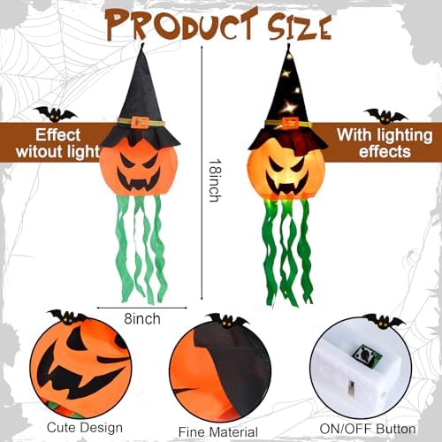 4 PCS Hanging Lighted Glowing Pumpkin Witch Hat with 3 Modes Lighted Up