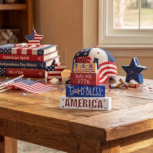 Smile 4th of July 250th Anniversary Wooden Block Stack with USA Decor, 4-Piece Patriotic Tiered Tray Decor for Independence Day & Memorial Day
