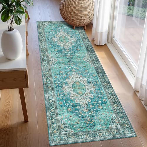 Washable Area Rug 2'6'' x 8' Vintage Traditional Persian Mat - Foldable Distressed Non-Slip Machine Washable Carpet for