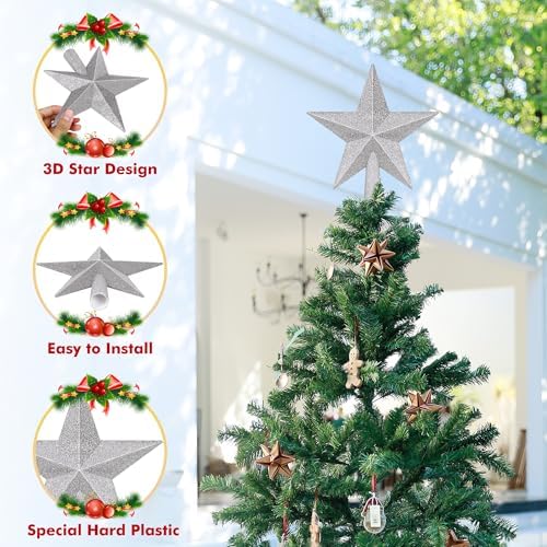 Tree Topper Star, 8" Silver Christmas Tree Topper with Glitter, Xmas Decor