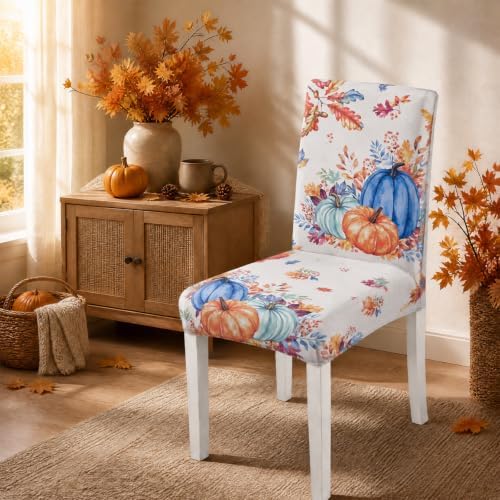 Fall Chair Covers Set of 6 Pumpkin Dining Chair Seat Cover Stretch Removable Autumn Chair Slipcover Protector for Thanksgiving Dining Room Kitchen Home Decor