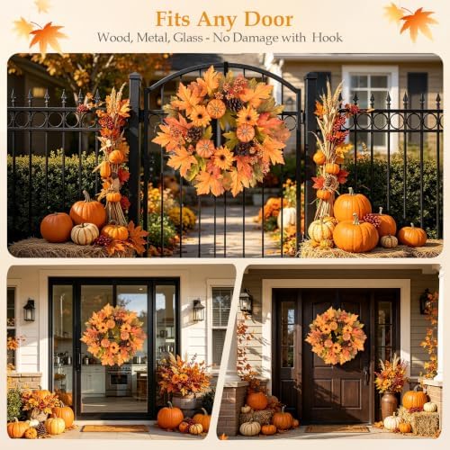 Wellsign 24 Inch Fall Wreath for Front Door Outside with Metal Hanger