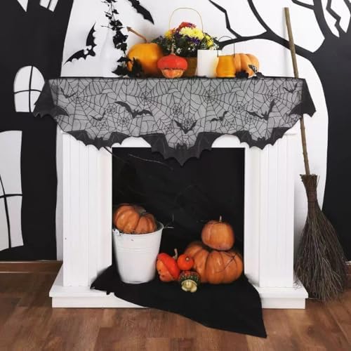 Halloween Fireplace Decorations, Fireplace Mantle Scarf Cover Garland Decor, Black Lace Spider Web for Door Windows for Festive Party (Style bat, black1)
