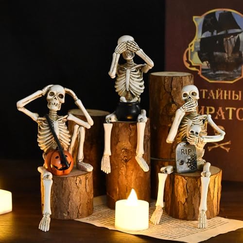 Set of 3 Skeleton Statues, Horror Skull Halloween Resin Decor, See/Hear/Speak no Evil Collectible Figures Home Decoration