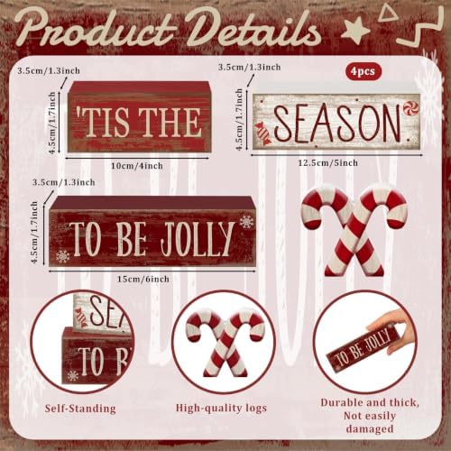 Lineshading 4 Pcs Christmas Table Decorations, Red White Candy Wood Signs