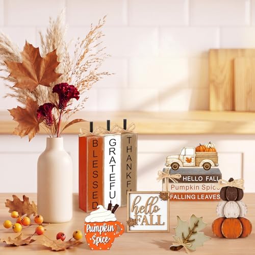 11 Pcs Fall Table Decorations Autumn Pumpkin Wooden Decorative Set Featuring Blessings Gratitude and Appreciation Sign for Thanksgiving Various Occasions Family Dining Kitchens Offices
